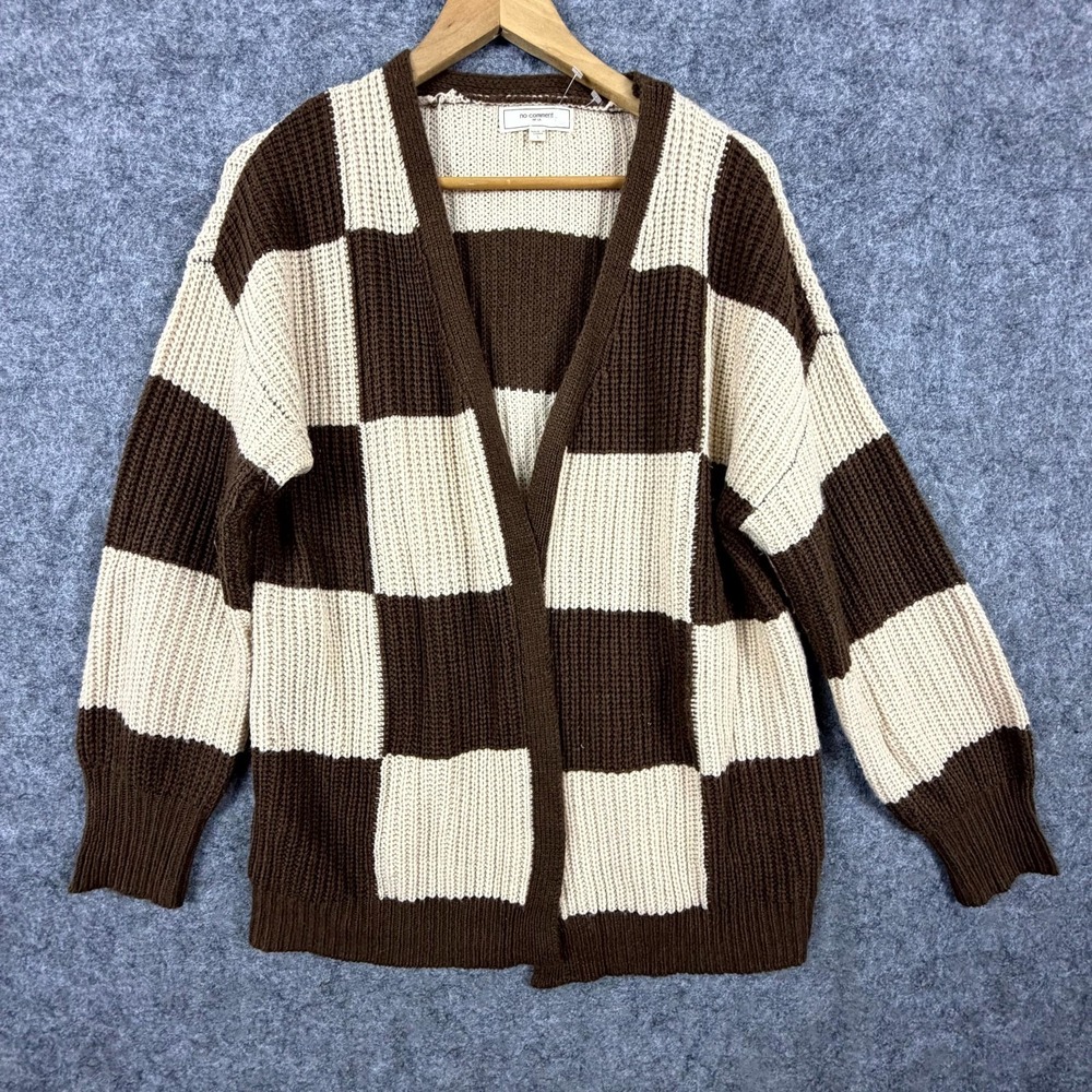No Comment Cardigan Sweater Women Large Brown Cream Checkerboard Lagenlook Retro